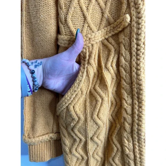 Sparrow Anthropologie Yellow Cable Knit Cardigan Sweater S Fisherman Lambswool - Picture 5 of 9